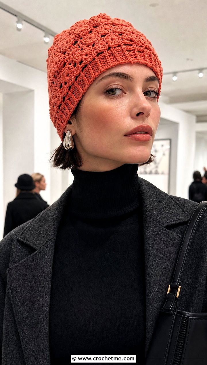 Fitted Burst Crochet Beanie With Satin Skirt - 15 burst crochet beanie outfit ideas