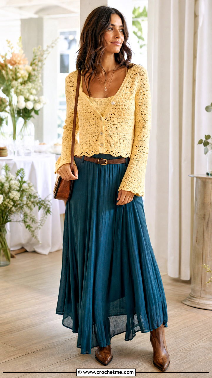 Fitted Button Front Boho Crochet Cardigan With Maxi Skirt - 35 Boho Crochet Cardigan outfit ideas