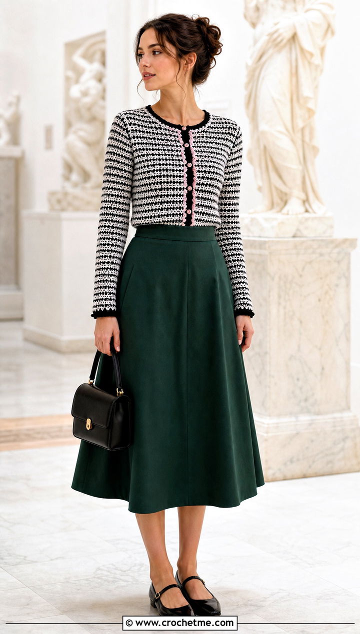 Fitted Button Front Crochet Cardigan With A Line Skirt - 25 Black White Crochet Cardigan outfit ideas