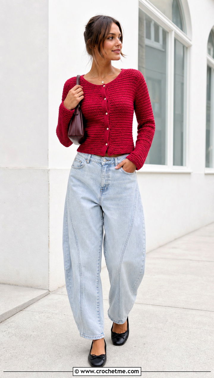 Fitted Button Front Crochet Cardigan With Barrel Jeans - 25 unique crochet cardigan outfit ideas