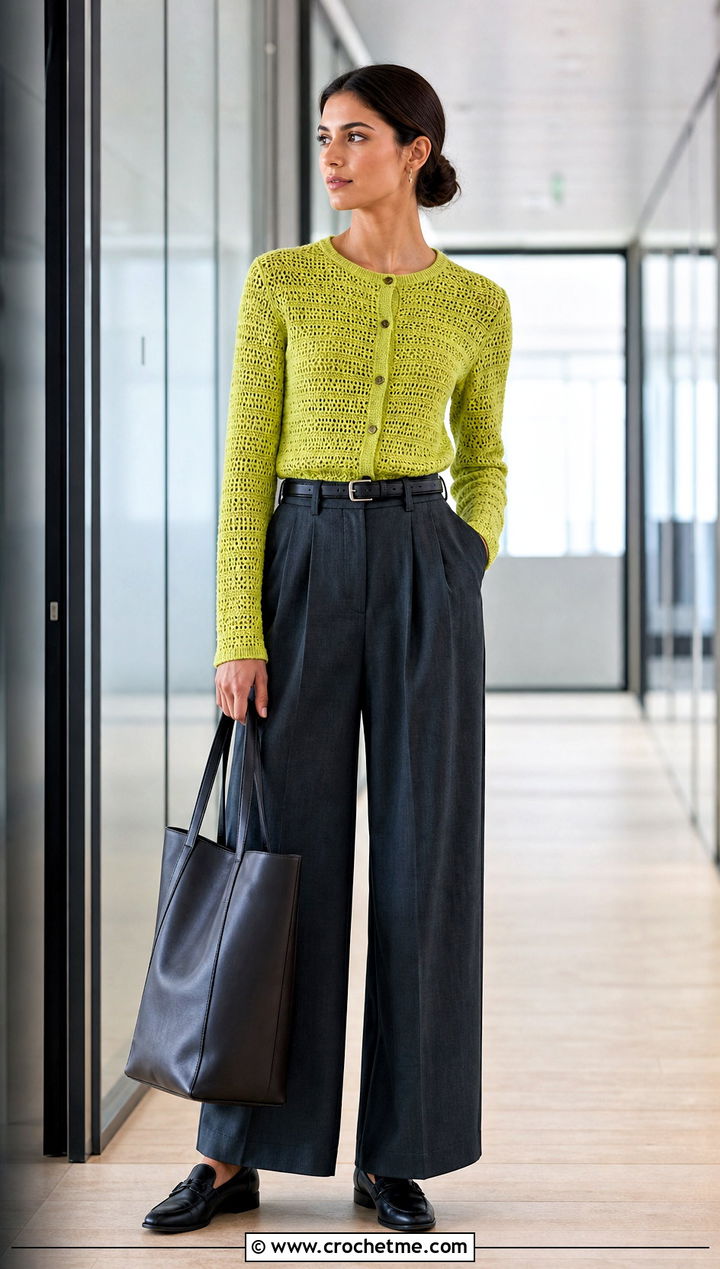 Fitted Button Front Crochet Cardigan With Suit Pants - 25 elegant crochet cardigan outfit ideas
