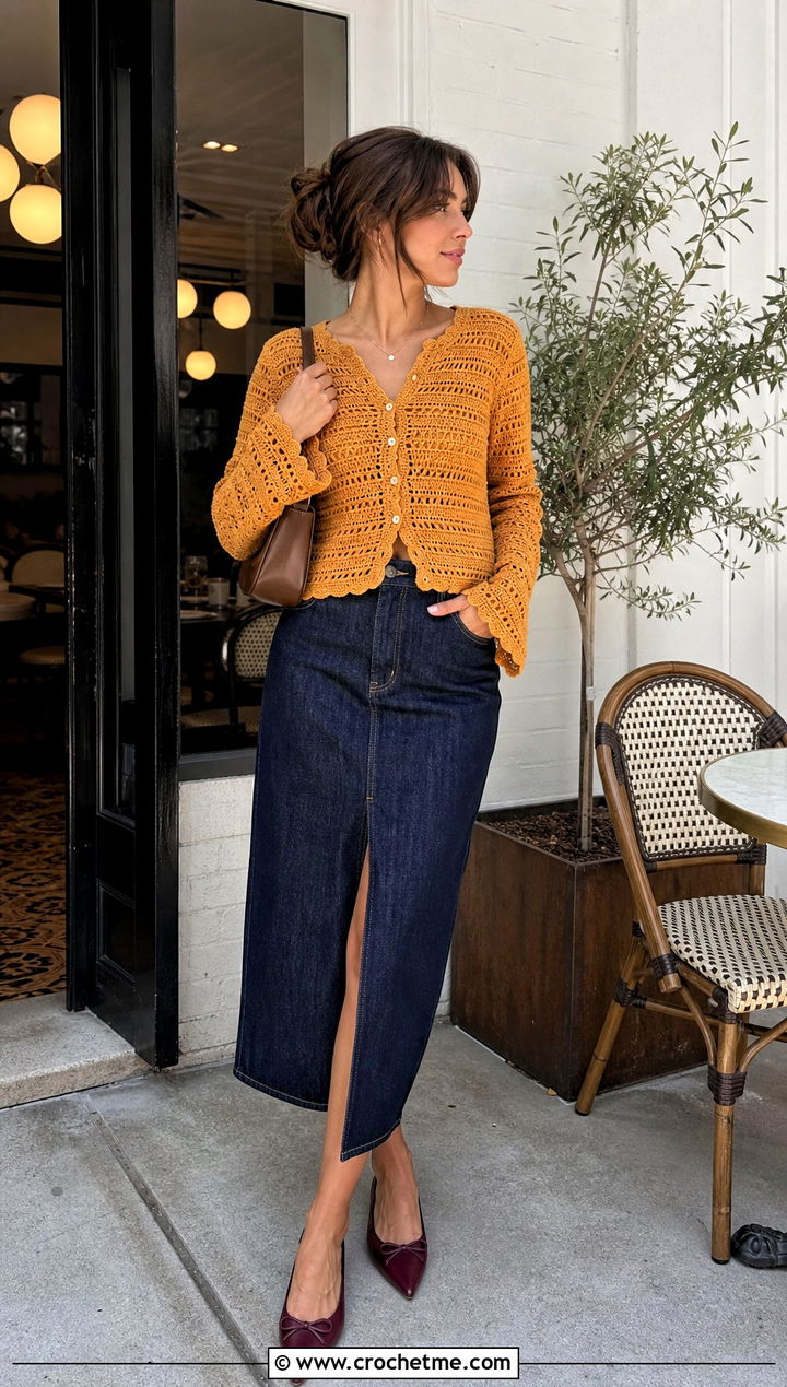 Fitted Button Front One Piece Crochet Cardigan With Denim Midi Skirt - 35 one piece crochet cardigan outfit ideas
