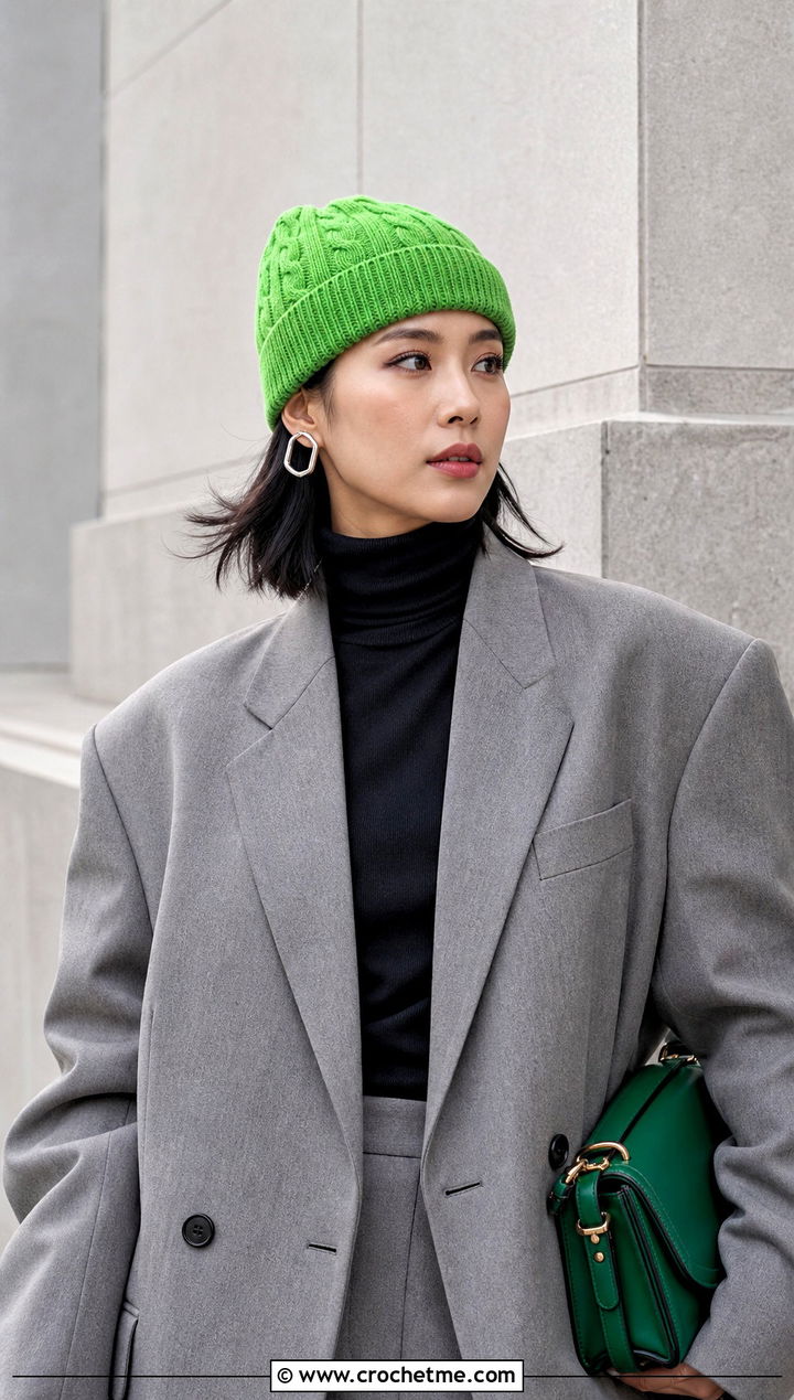 Fitted Cable Skull Cap Beanie With Oversized Suit - 20 Crochet Cable Stitch Beanie outfit ideas