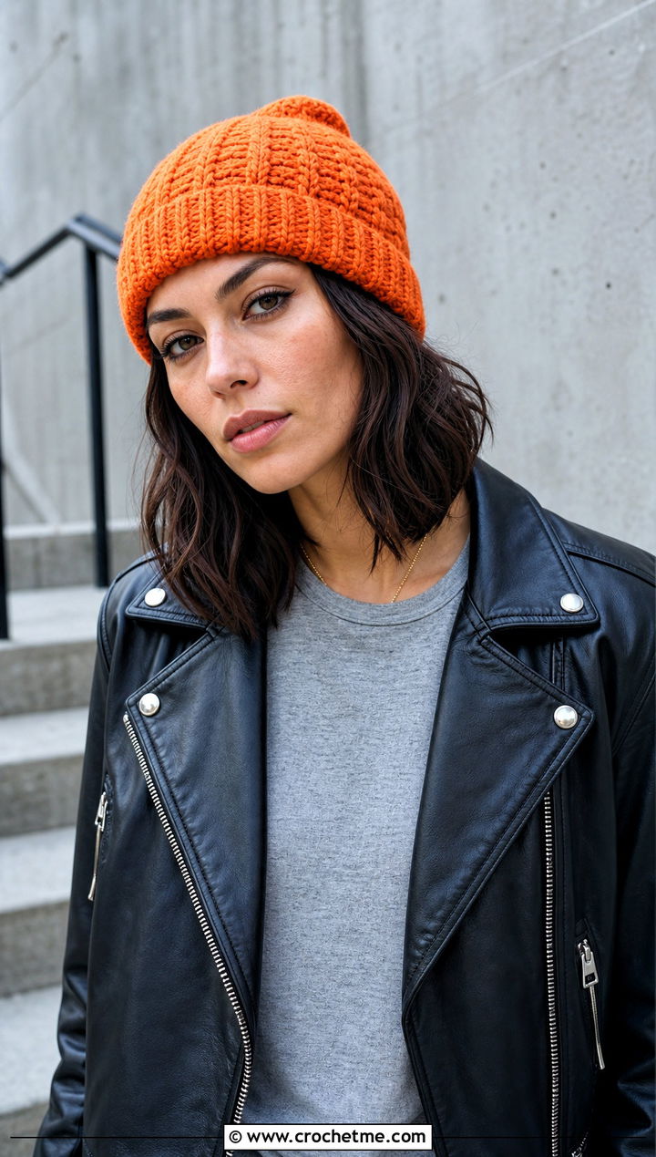 Fitted Cable Stitch Beanie With Leather Jacket - 25 Crochet Cable Stitch Hat outfit ideas