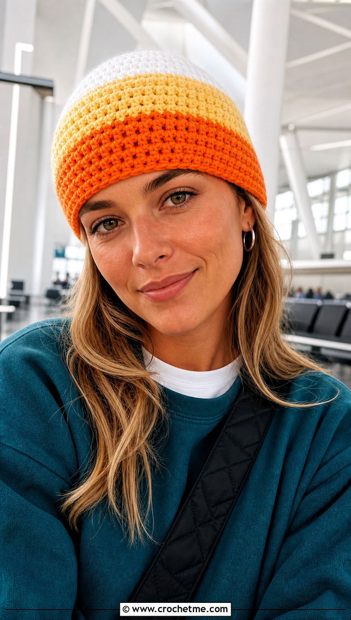 Fitted Candy Corn Crochet Beanie With Matching Sweats - 15 candy corn crochet beanie outfit ideas