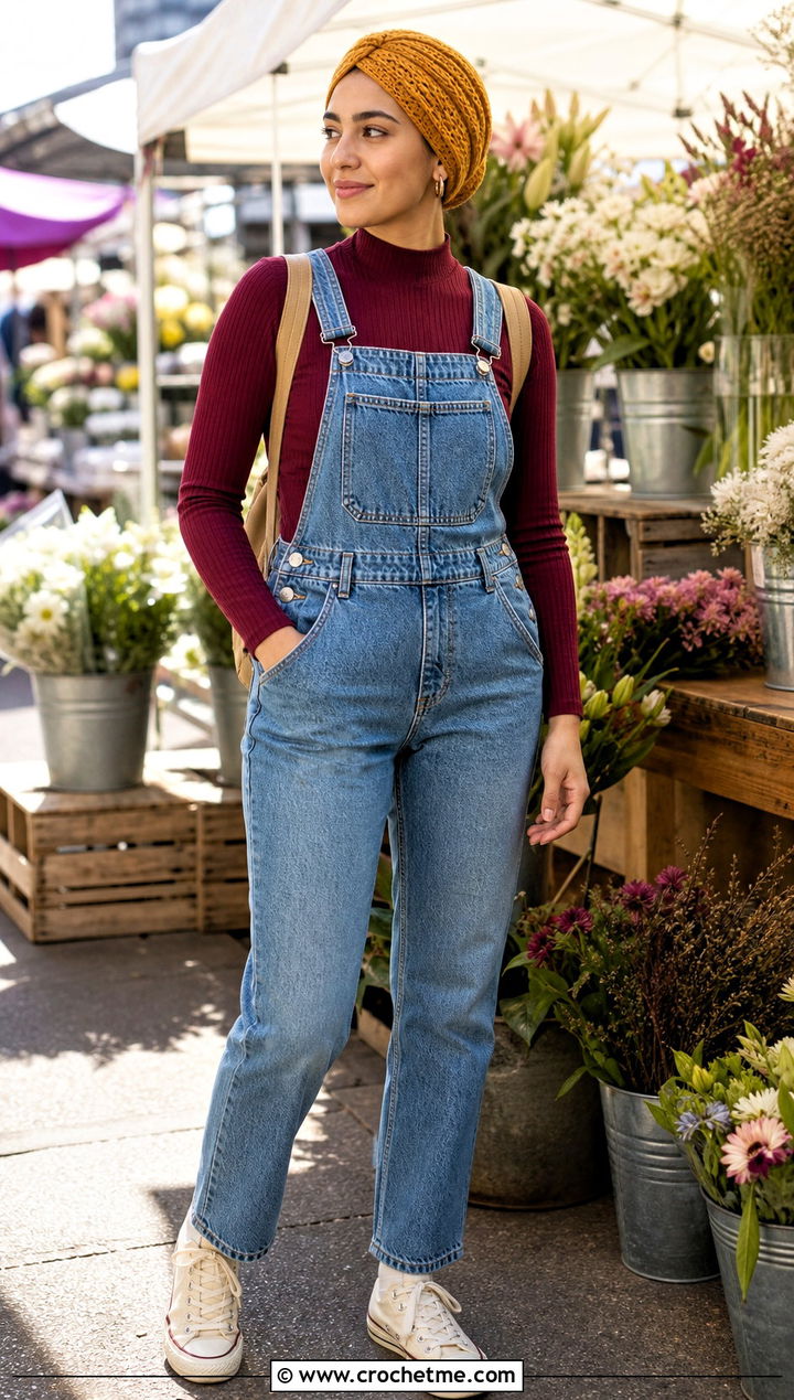 Fitted Cap Crochet Turban With Denim Overalls - 35 crochet turban outfit ideas