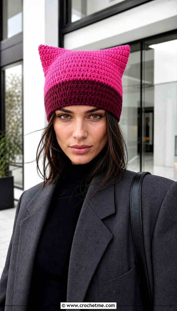 Fitted Cat Ear Clancy Crochet Beanie With Blazer And Trousers - 30 clancy beanie crochet outfit ideas