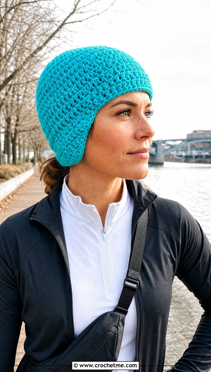 Fitted Chunky Beanie With Running Jacket - 35 crochet chunky beanie outfit ideas