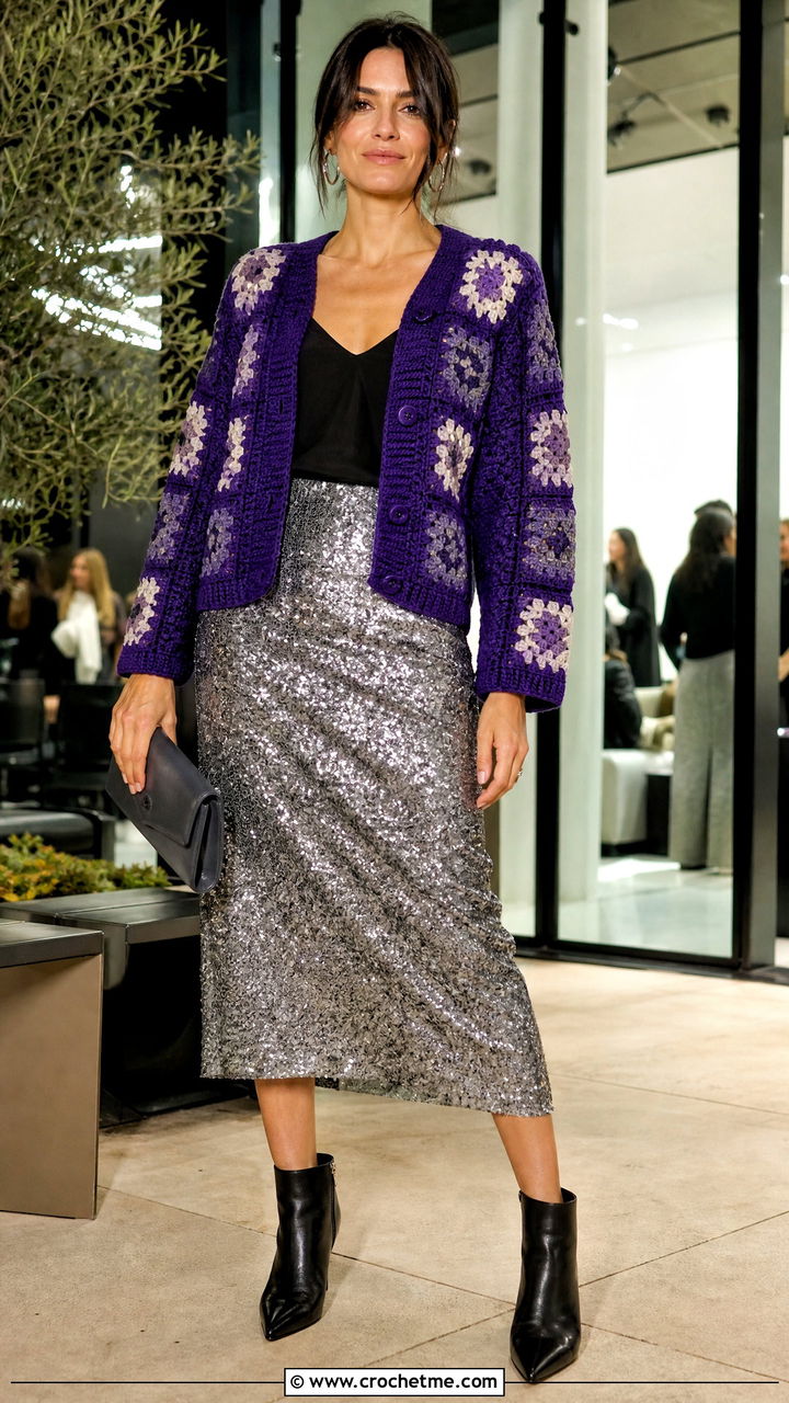 Fitted Chunky Granny Square Cardigan With Sequin Skirt - 35 Chunky Granny Square Cardigan outfit ideas