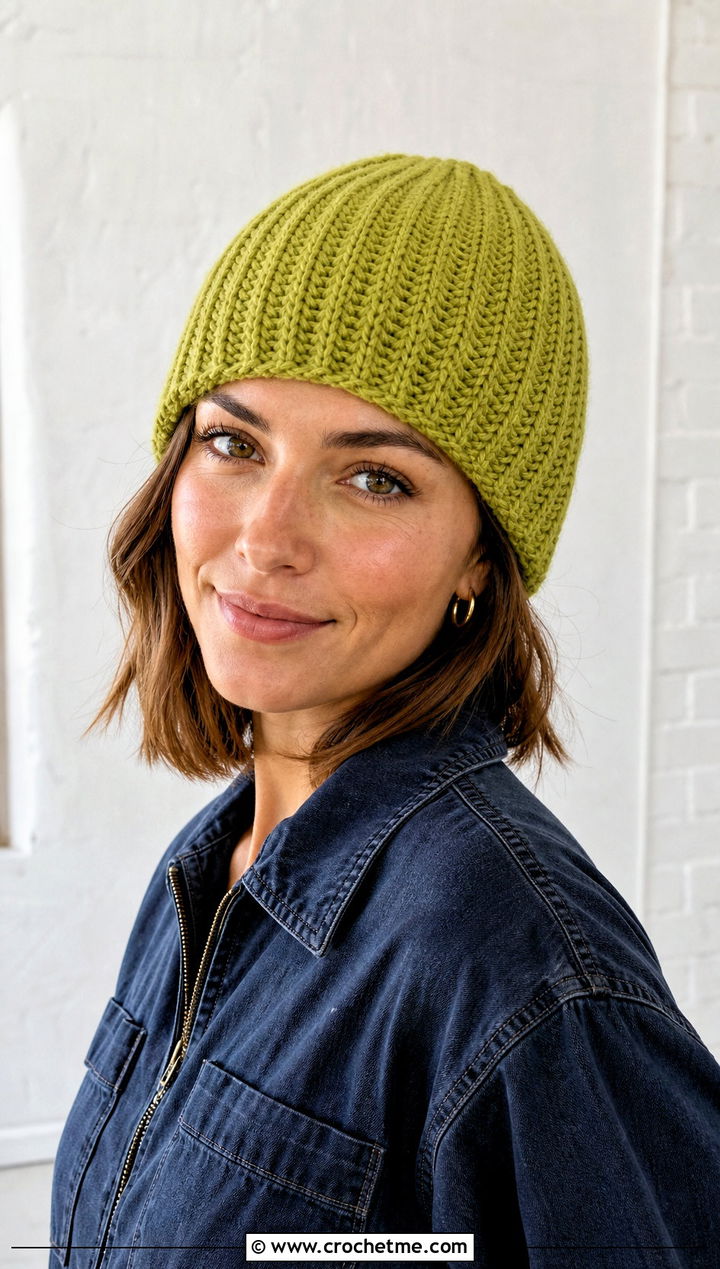 Fitted Chunky Ribbed Crochet Beanie With Denim Jumpsuit - 25 Chunky Ribbed Crochet Hat outfit ideas