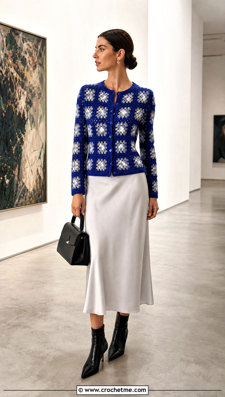 Fitted Classic Small Granny Square Cardigan With Satin Slip Skirt - 25 Small Granny Square Cardigan outfit ideas