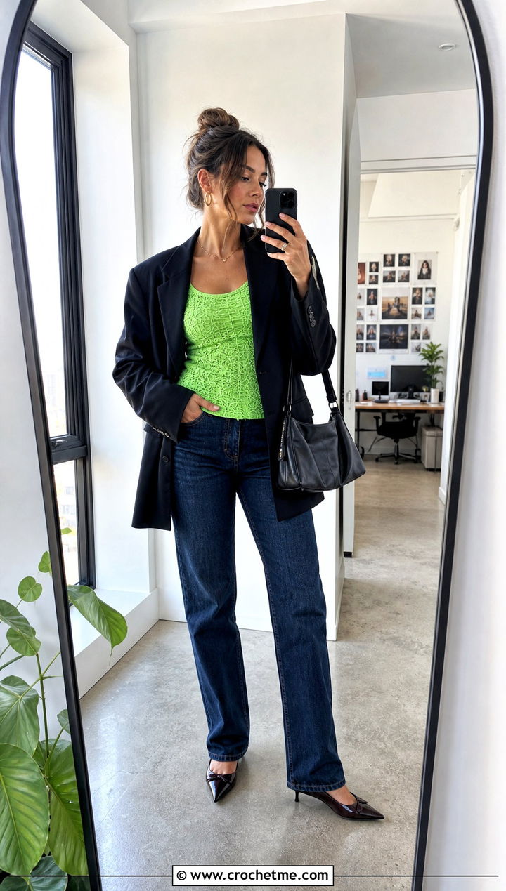 Fitted Cobweb Tank Top With Blazer And Jeans - 25 Crochet Cobweb Top outfit ideas