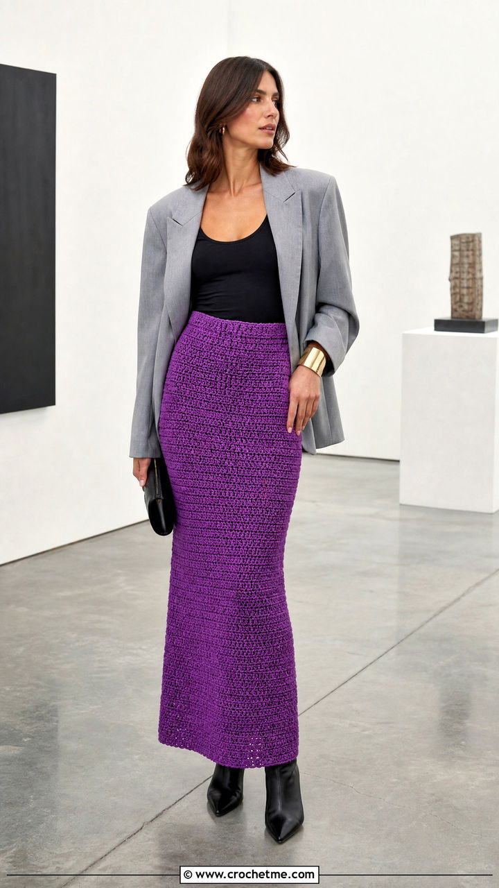 Fitted Column Crochet Maxi Skirt With Oversized Blazer - 35 crochet maxi skirt outfit ideas