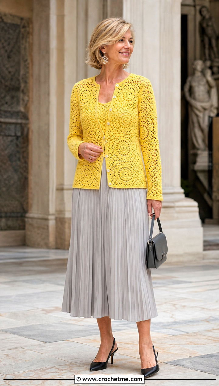 Fitted Continuous Granny Square Cardigan With A Pleated Midi Skirt - 25 continuous granny square cardigan outfit ideas