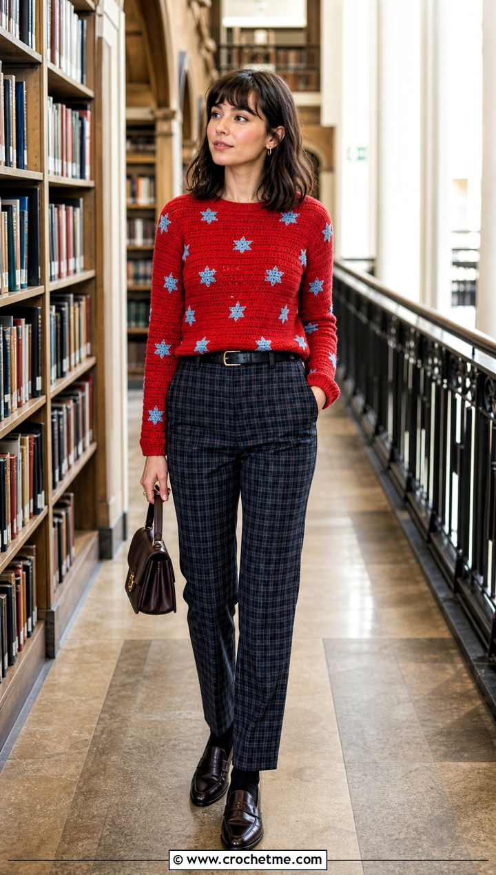 Fitted Coraline Star Crochet Sweater With Plaid Trousers - 25 Coraline Star Crochet Sweater outfit ideas