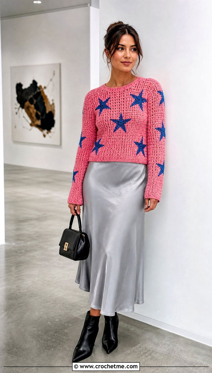Fitted Coraline Star Crochet Sweater With Satin Midi Skirt - 25 Coraline Star Crochet Sweater outfit ideas