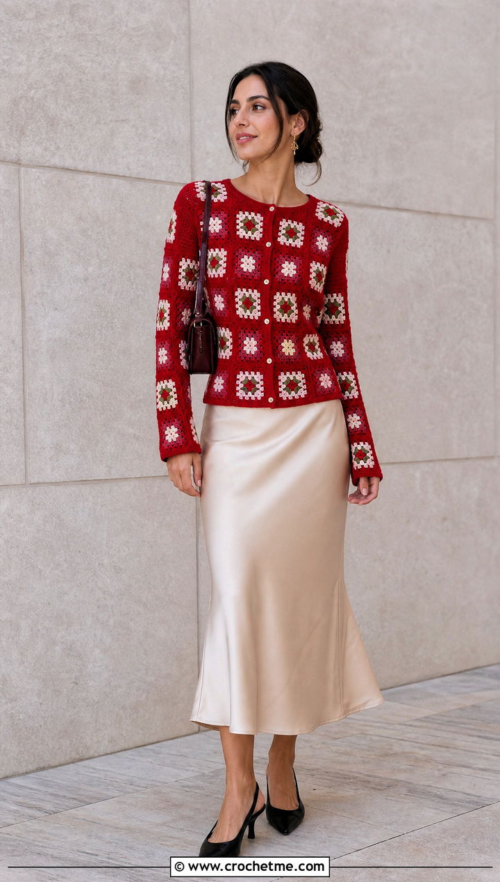 Fitted Cotton Granny Square Cardigan With Satin Skirt - 25 cotton granny square cardigan outfit ideas