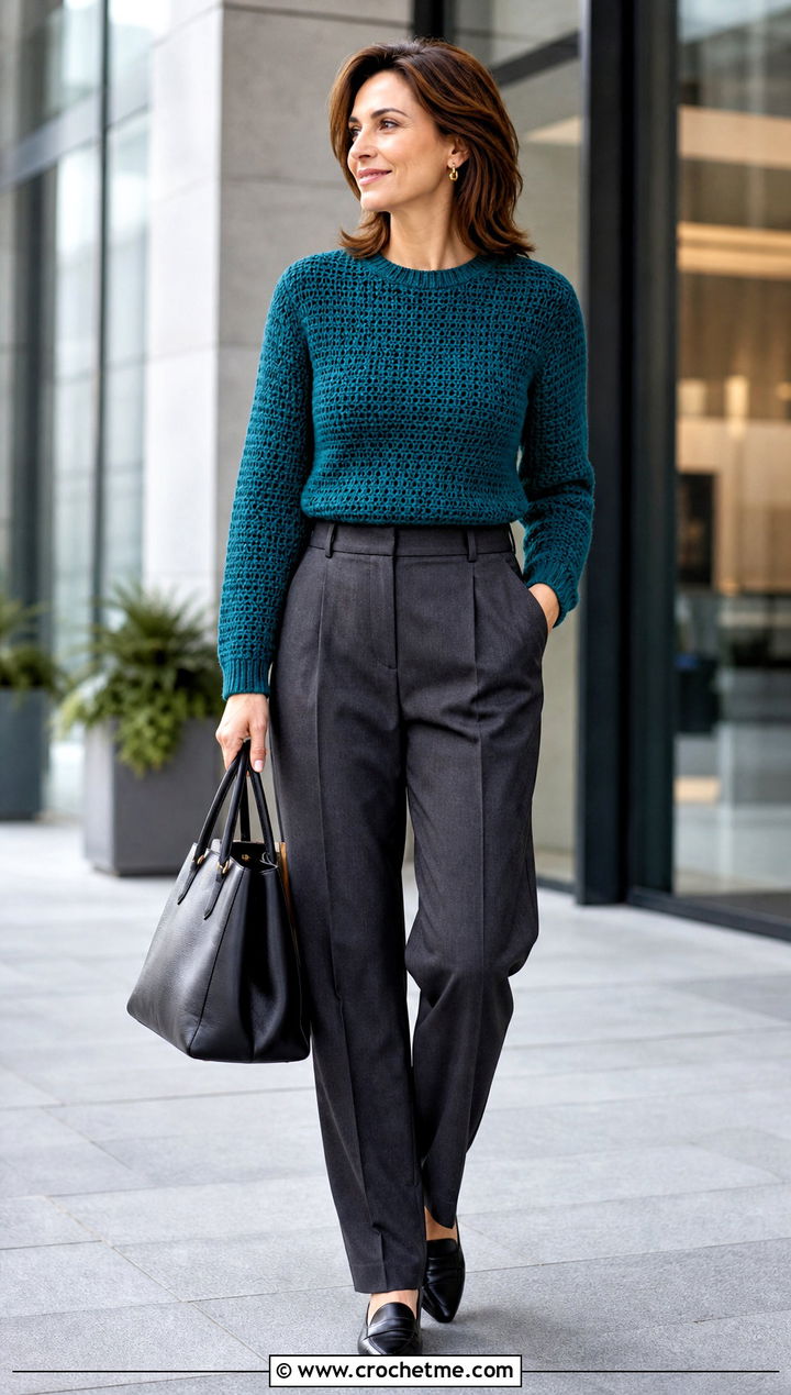 Fitted Crewneck Crochet Pullover With Tailored Trousers - 25 women crochet pullover outfit ideas