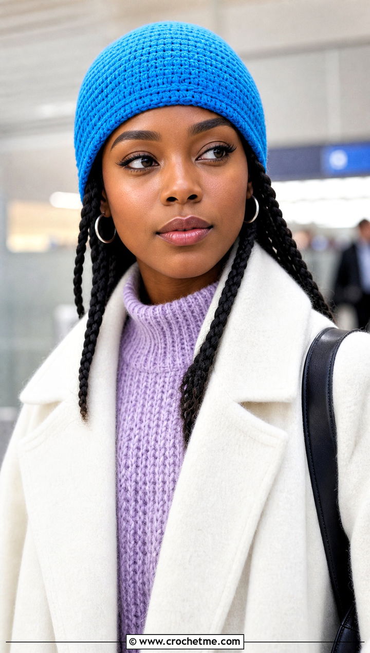 Fitted Crochet Beanie With Side Braids And Matching Knit Set - 30 crochet hat with braids outfit ideas