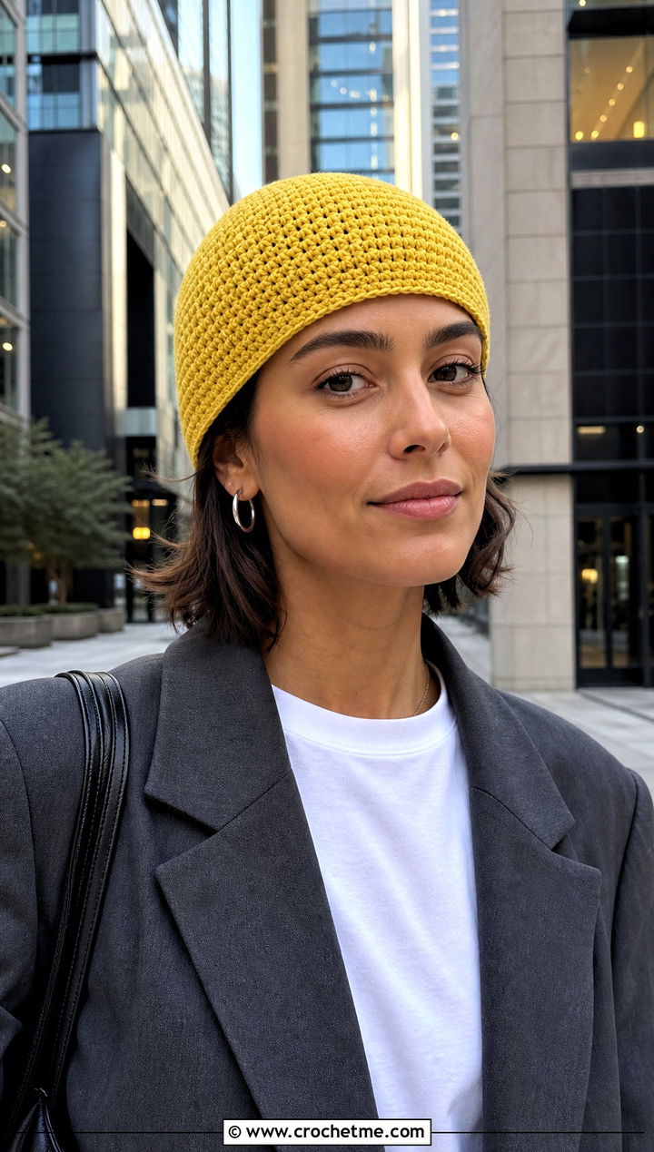 Fitted Crochet Beanie With Tailored Suit - 30 Quick Crochet Beanie outfit ideas