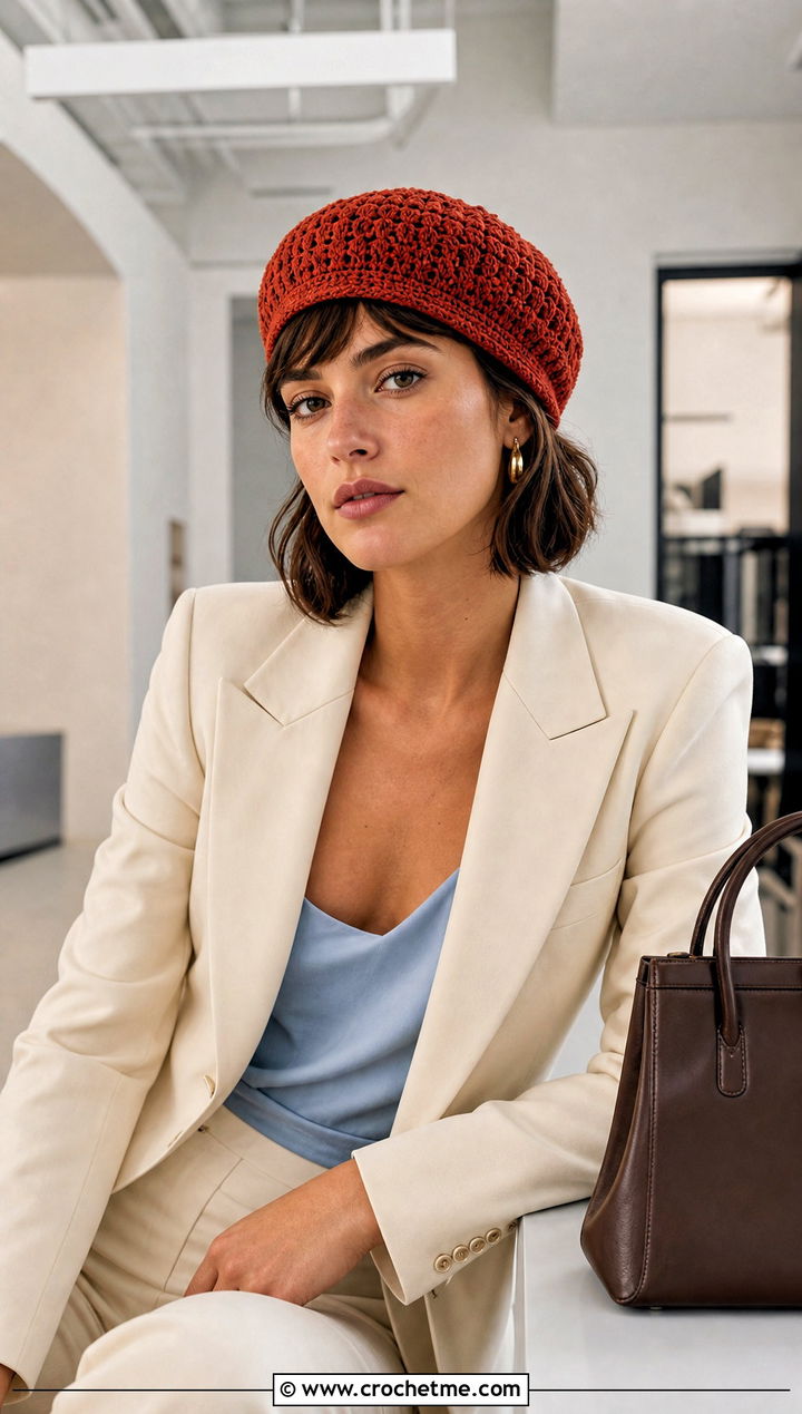 Fitted Crochet Beret With Pantsuit And Loafers - 30 crochet berets outfit ideas
