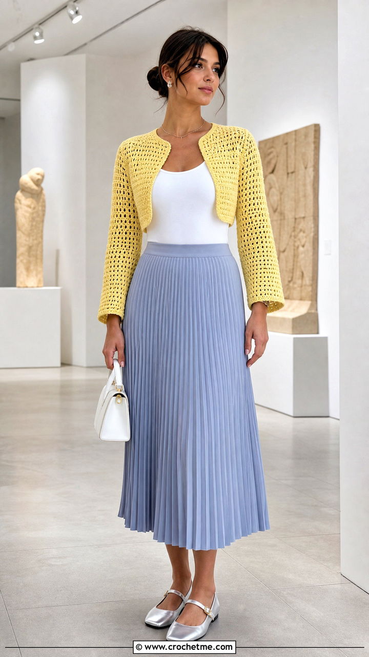 Fitted Crochet Bolero Shrug With Pleated Midi Skirt - 35 crochet bolero shrug outfit ideas