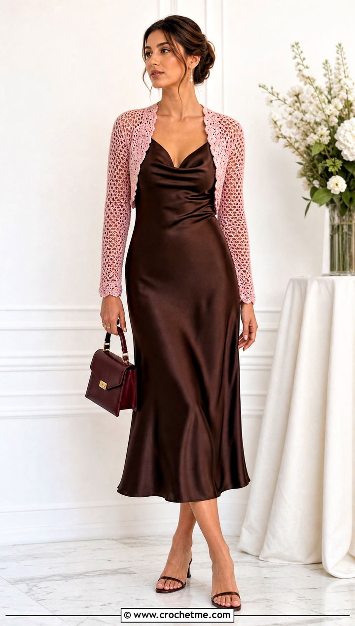 Fitted Crochet Bolero Shrug With Slip Dress - 25 cute crochet shrug outfit ideas