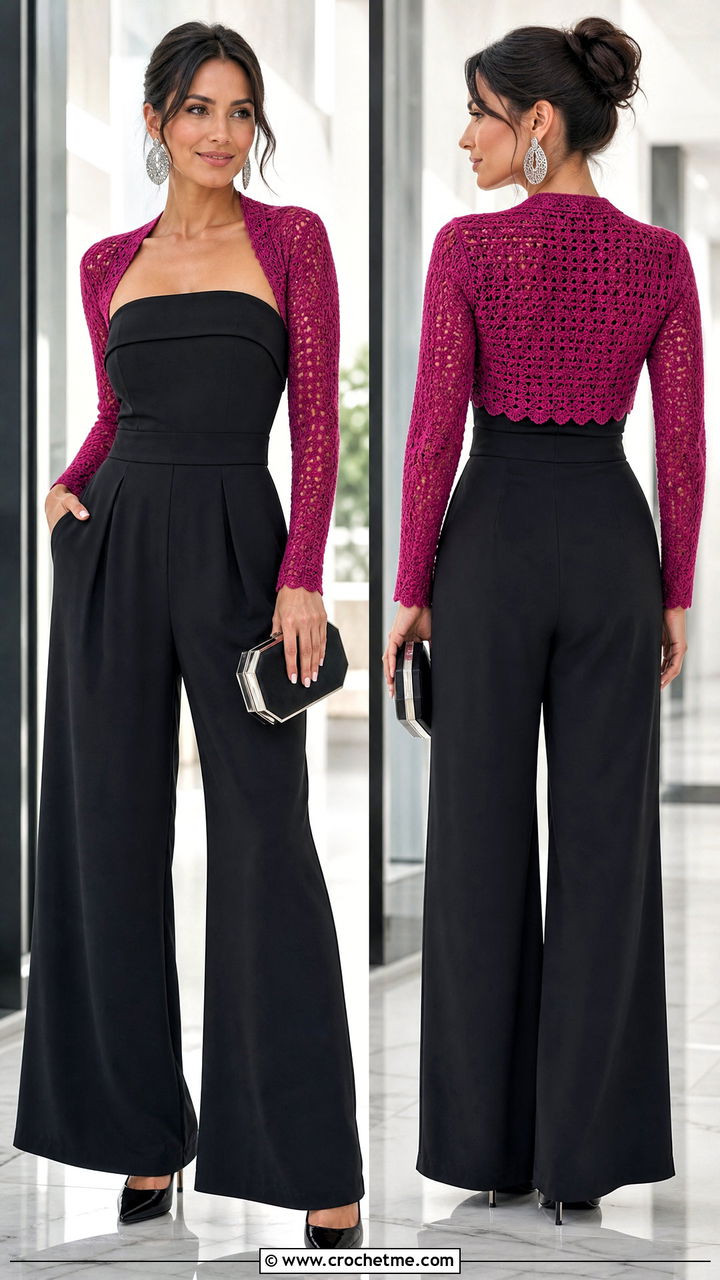 Fitted Crochet Bolero With Strapless Jumpsuit - 35 crochet bolero outfit ideas