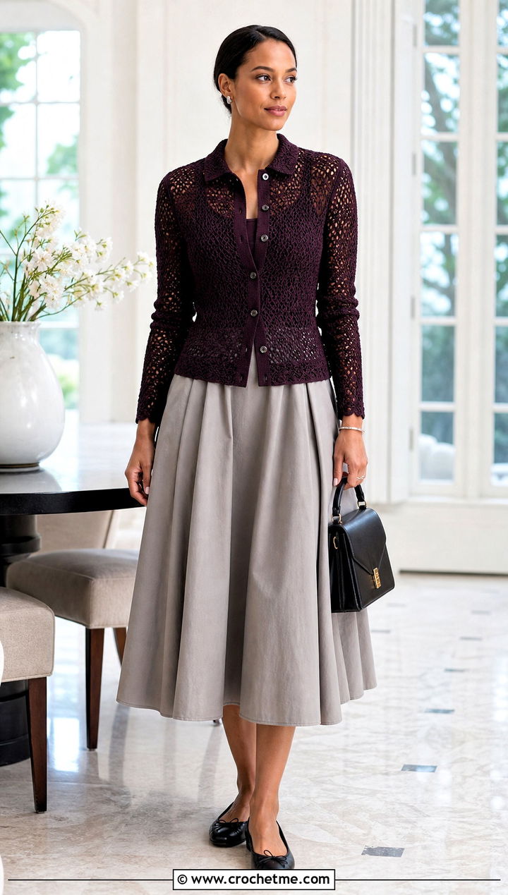Fitted Crochet Button Down Shirt With A Line Skirt - 30 crochet button down shirt outfit ideas