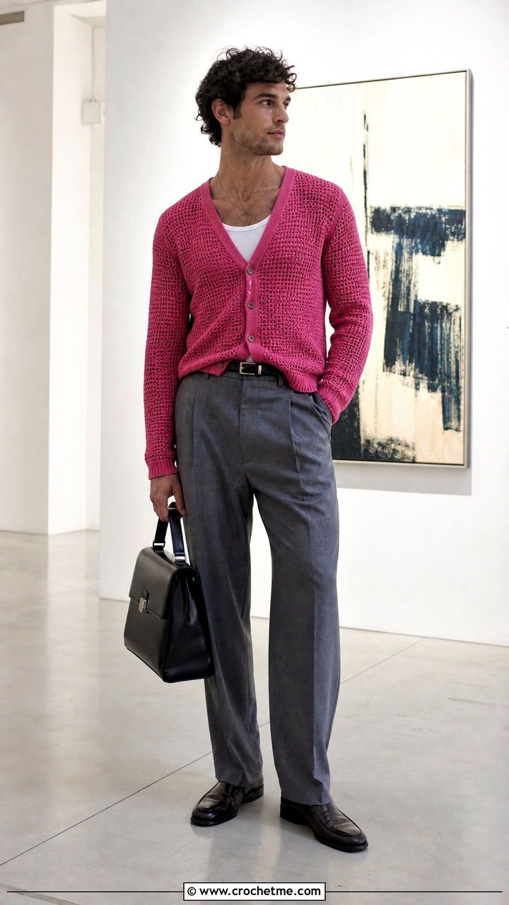 Fitted Crochet Cardigan With Double Pleat Trousers - 35 crochet cardigan men outfit ideas