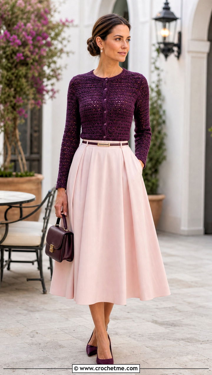 Fitted Crochet Cardigan With Full Midi Skirt - 35 fall crochet cardigan outfit ideas