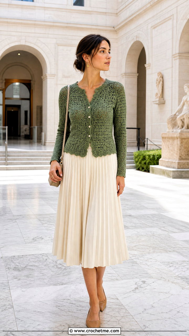 Fitted Crochet Cardigan With Pleated Midi Skirt - 35 crochet cardigan for women outfit ideas