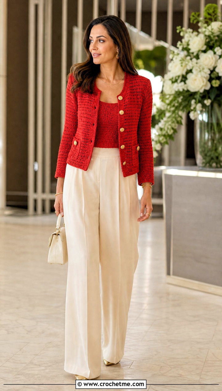 Fitted Crochet Chanel Jacket With Palazzo Pants - 30 crochet chanel jacket outfit ideas