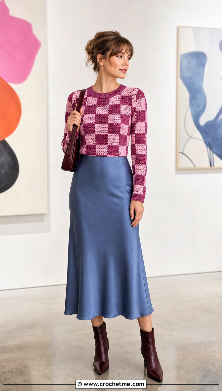 Fitted Crochet Checker Crewneck With Satin Midi Skirt - 25 Crochet Checker Sweater outfit ideas