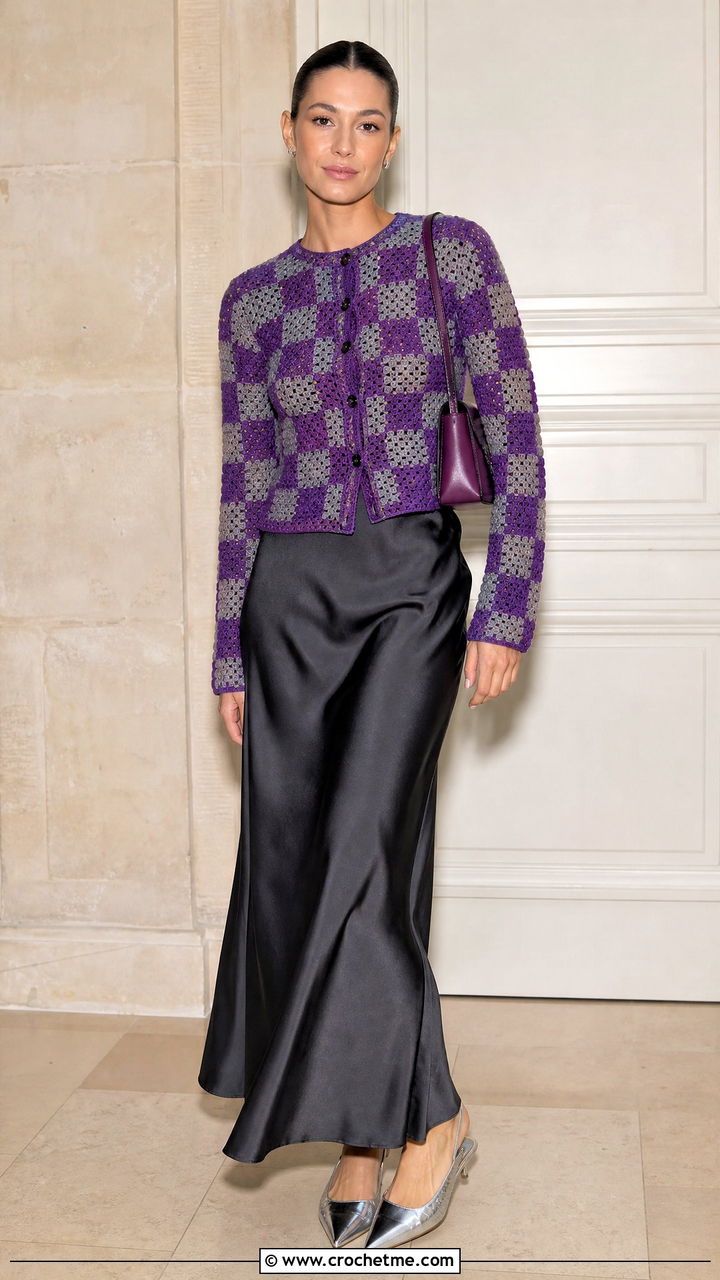 Fitted Crochet Checkered Cardigan With Satin Maxi Skirt - 35 crochet checkered cardigan outfit ideas
