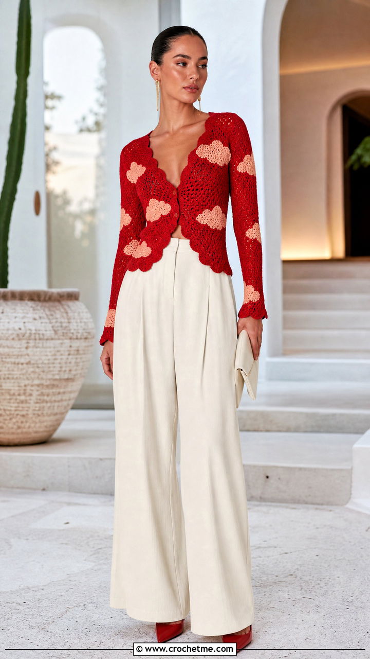 Fitted Crochet Cloud Cardigan With Palazzo Pants - 35 crochet cloud cardigan outfit ideas