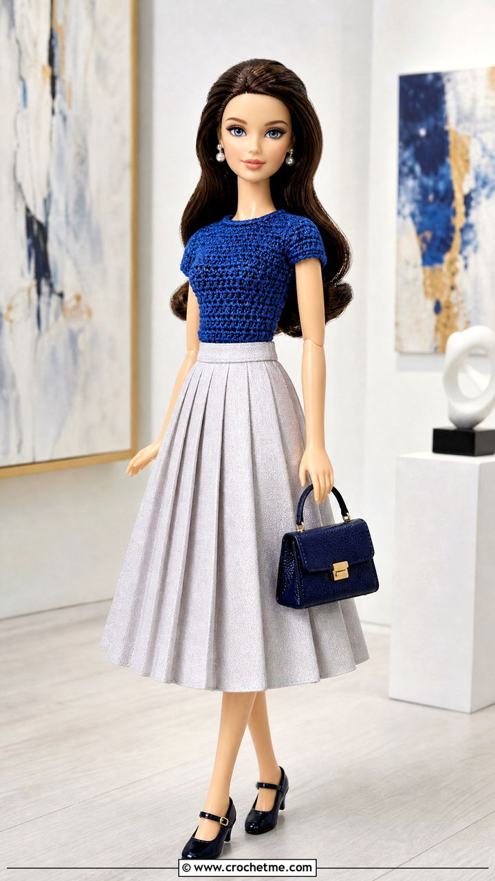 Fitted Crochet Doll Shirt With Pleated Midi Skirt - 35 crochet doll shirt outfit ideas