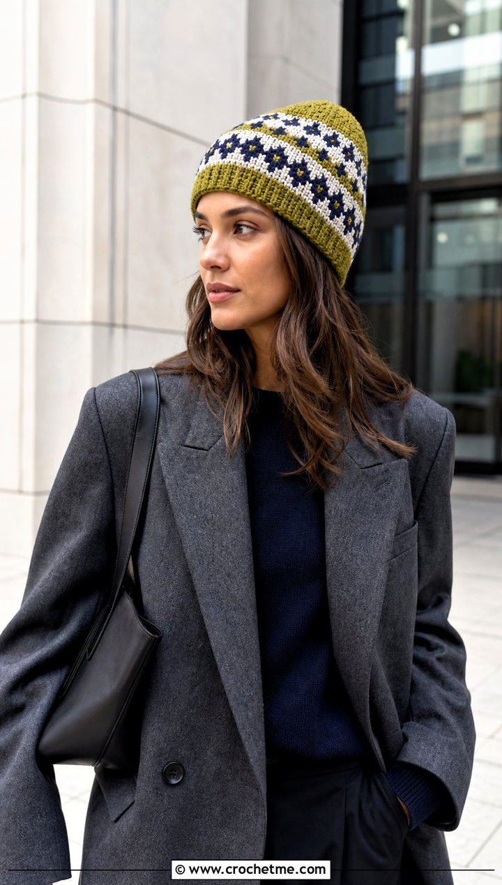 Fitted Crochet Fair Isle Beanie With Wool Blazer - 25 Crochet Fair Isle Hat outfit ideas