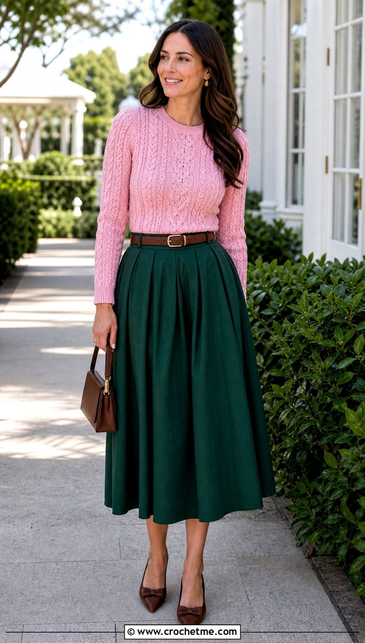Fitted Crochet Fisherman Sweater With Full Midi Skirt - 25 crochet fisherman sweater outfit ideas
