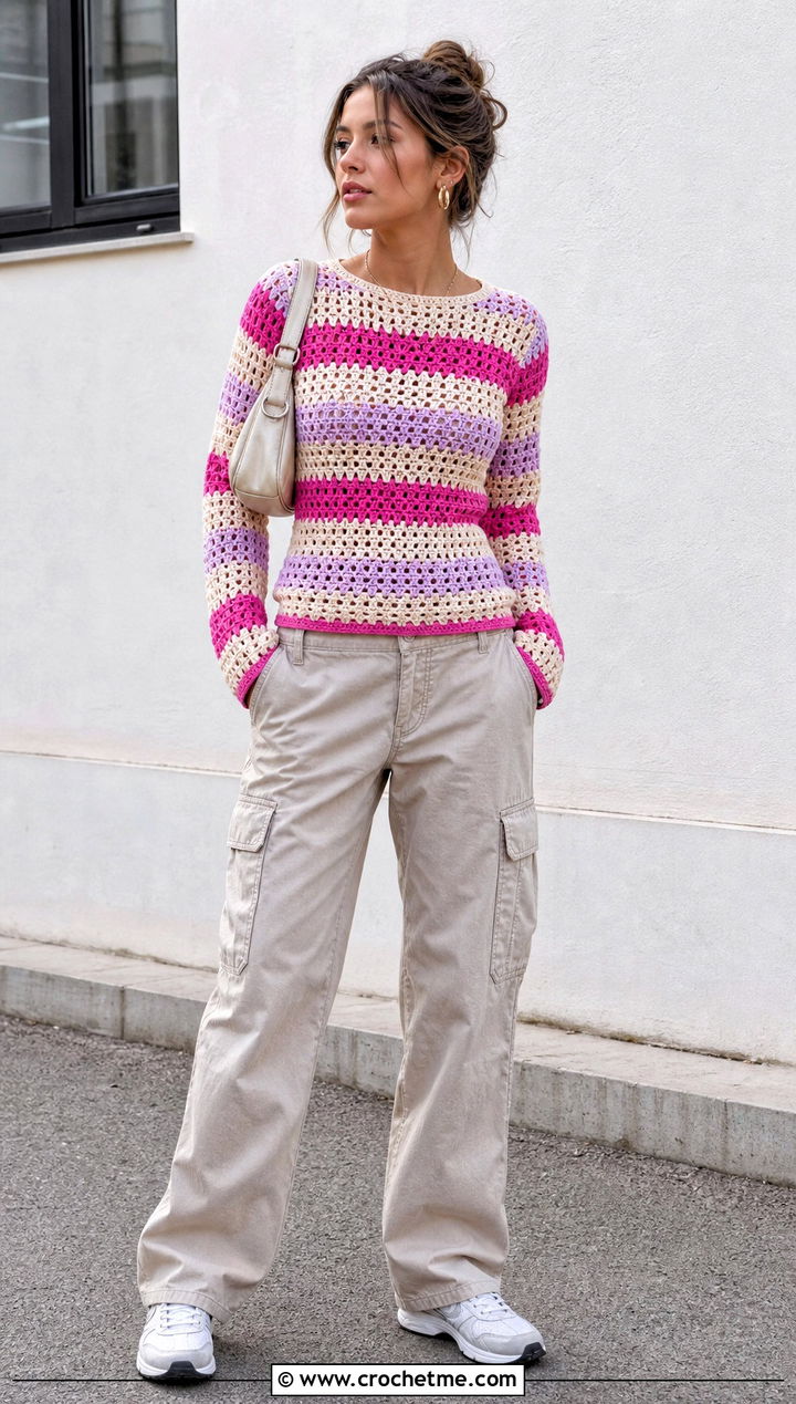 Fitted Crochet Granny Stripe Sweater With Cargo Pants - 25 Crochet Granny Stripe Sweater outfit ideas