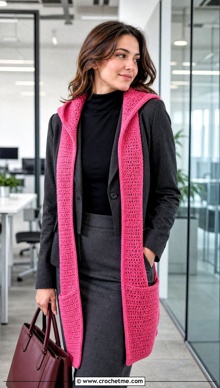 Fitted Crochet Hooded Pocket Scarf With Pencil Skirt - 25 crochet hooded pocket scarf outfit ideas