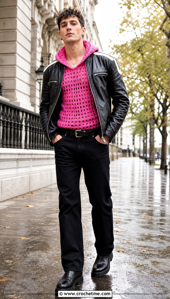 Fitted Crochet Hoodie With Leather Jacket And Black Jeans - 25 Crochet Hoodie Men outfit ideas