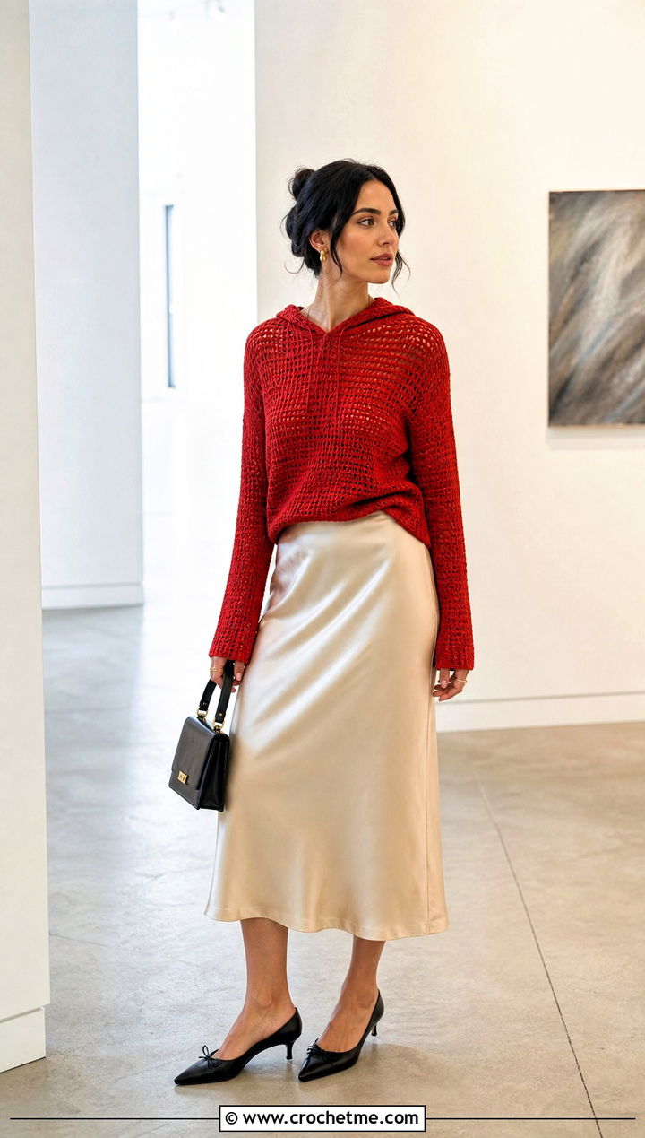 Fitted Crochet Hoodie With Satin Midi Skirt - 25 Easy Crochet Hoodie outfit ideas