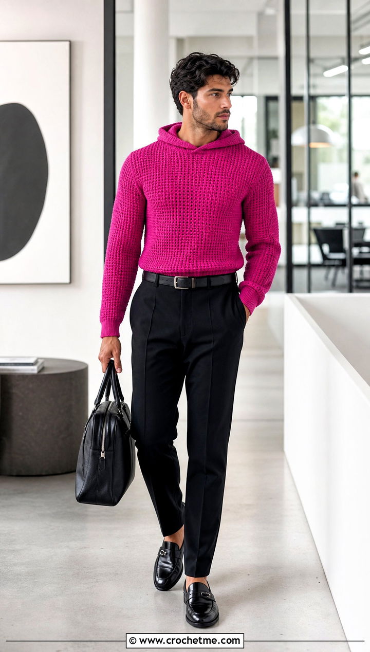 Fitted Crochet Hoodie With Suit Trousers - 30 crochet mens hoodie outfit ideas