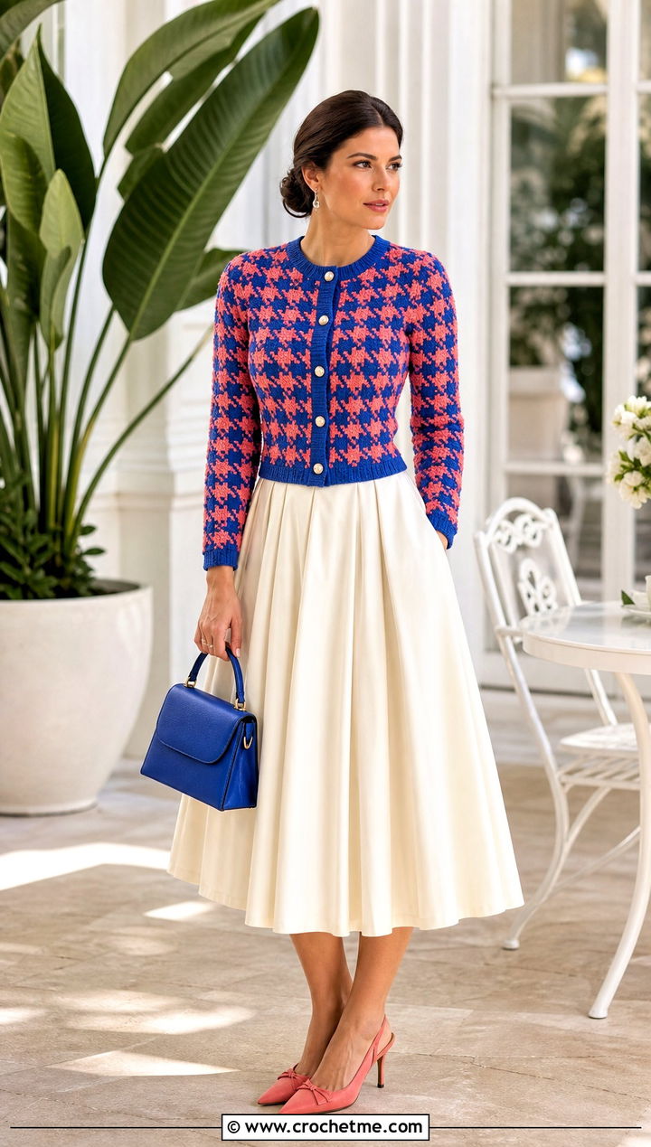 Fitted Crochet Houndstooth Cardigan With Full Midi Skirt - 35 crochet houndstooth sweater outfit ideas