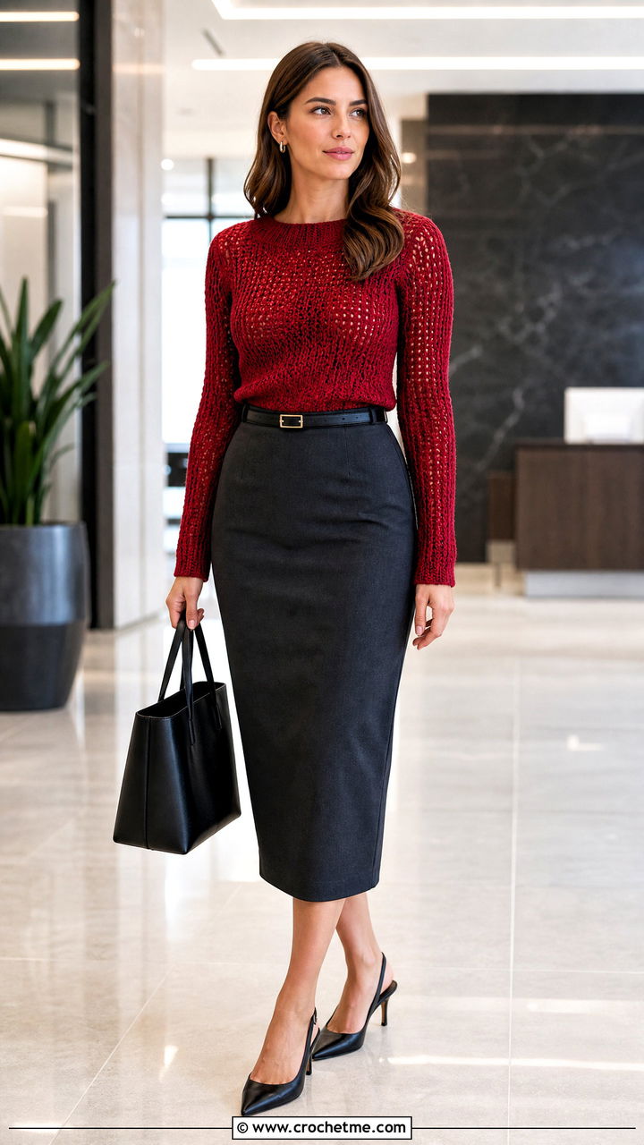 Fitted Crochet Jumper With Pencil Skirt - 35 crochet jumper outfit ideas