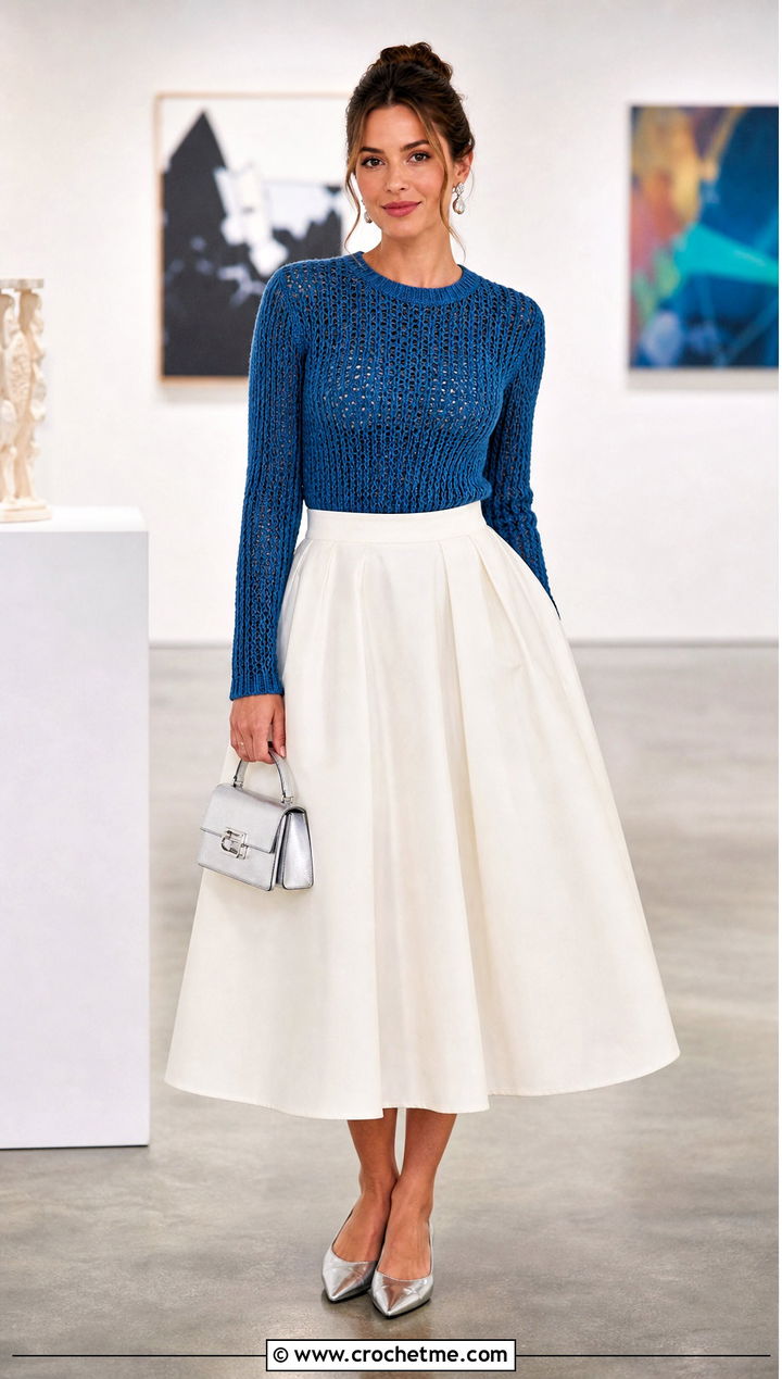 Fitted Crochet Knit Sweater With Full Midi Skirt - 35 Crochet Knit Sweater outfit ideas