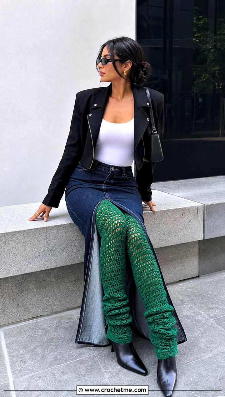 Fitted Crochet Leg Warmers With Denim Maxi Skirt - 30 cute crochet leg warmers outfit ideas