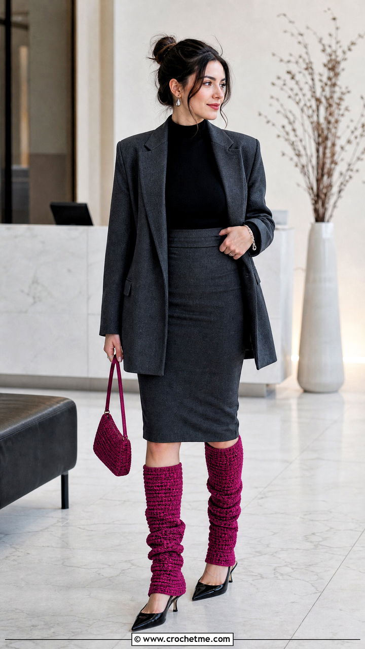 Fitted Crochet Leg Warmers With Pencil Skirt And Slingback Heels - 35 crochet leg warmer outfit ideas