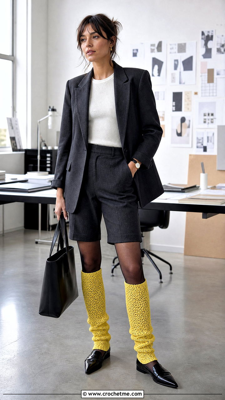 Fitted Crochet Legwarmers With Blazer And Bermuda Shorts - 35 crochet legwarmers outfit ideas